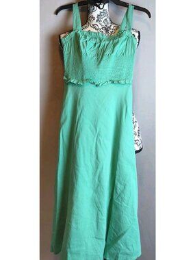 Ungaro Green Smocked Bodice Sundress Linen Viscose Ruffle Midi Size S